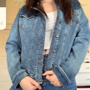 Boden Denim Jacket Blue Frayed Collar Button Front Long Sleeve Women's Size 18